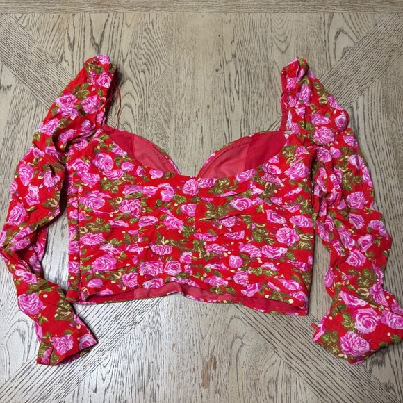 Zara Women's Medium Floral Rose Puff Long Sleeve Corset Crop Top Blouse - Picture 2 of 8